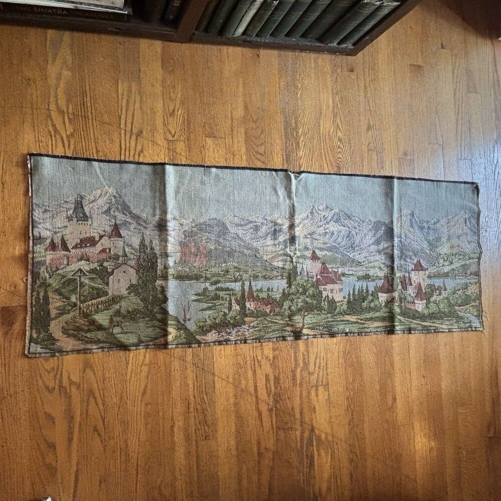 Vintage European Woven Tapestry Alpine Castle Mountain Lake Scenic Wall Art